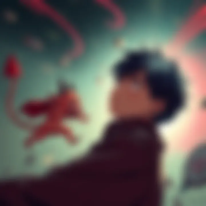 Pochita and Denji in a time loop scene Pochita, a small devil with a chainsaw tail, faces Denji, a young man with a determined expression, as the background shifts in a swirling motion, symbolizing a time loop