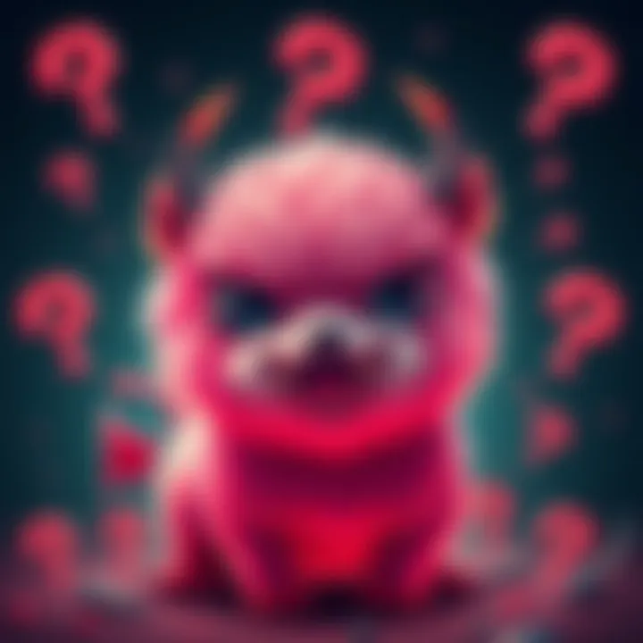 A small, fluffy creature resembling Pochita with a devilish appearance, featuring sharp teeth and a playful demeanor. It's surrounded by question marks to symbolize the ongoing debates about his ident...