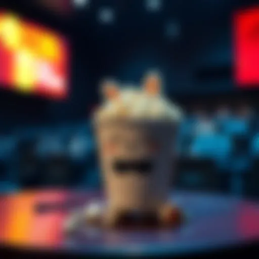 A cute Pochita popcorn bucket designed like a cartoon character, filled with popcorn, on a table at a movie theater