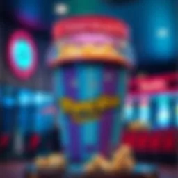 A colorful Pochita popcorn bucket on display at Cinemark, showcasing its design and features.