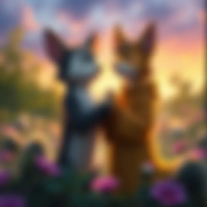 Pochita gently looks at Yoru, symbolizing empathy as they stand together in a thoughtful pose, surrounded by nature.