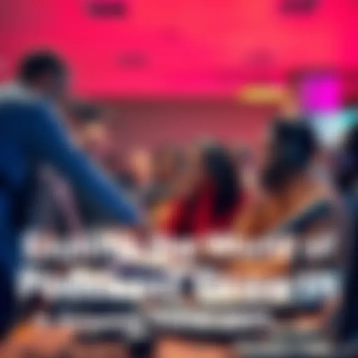 A diverse group of people wearing headphones, engaged in lively discussions about podcasts, surrounded by audio equipment and microphones.