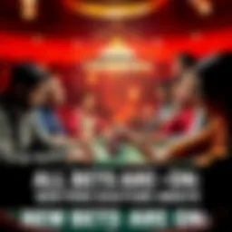 A lively poker game with people gathered around a table, chips and cards spread out, showing excitement and anticipation