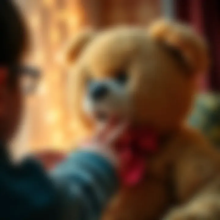 A person gently poking a soft teddy bear with curiosity and surprise