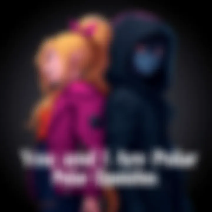 Two characters, one cheerful and bright, the other dark and moody, stand back-to-back with contrasting styles, symbolizing their different personalities in 'You and I Are Polar Opposites'.