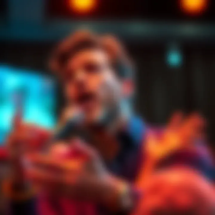 A controversial figure with an expressive face sharing bold opinions on stage, engaging the audience with a passionate speech.