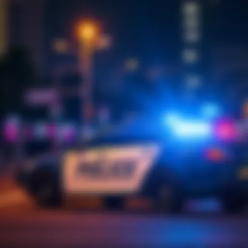 A police car parked with flashing lights on a city street, representing law enforcement presence