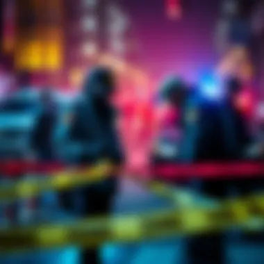 Police investigating a crime scene Officers examining evidence at a crime scene linked to a dangerous crime spree