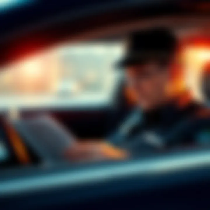 A police officer carefully reading a report in a patrol car, highlighting the importance of reading skills in law enforcement work.
