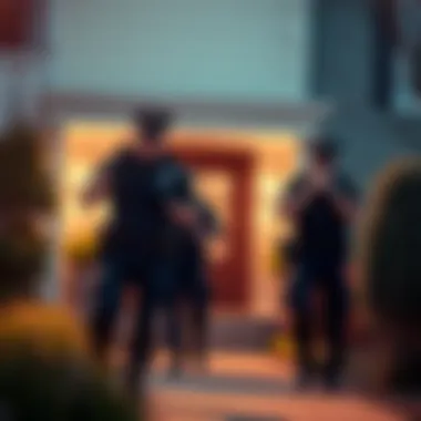 Police responding to a home burglary Police officers arriving at a house where a burglary has occurred, looking surprised and ready to assist.