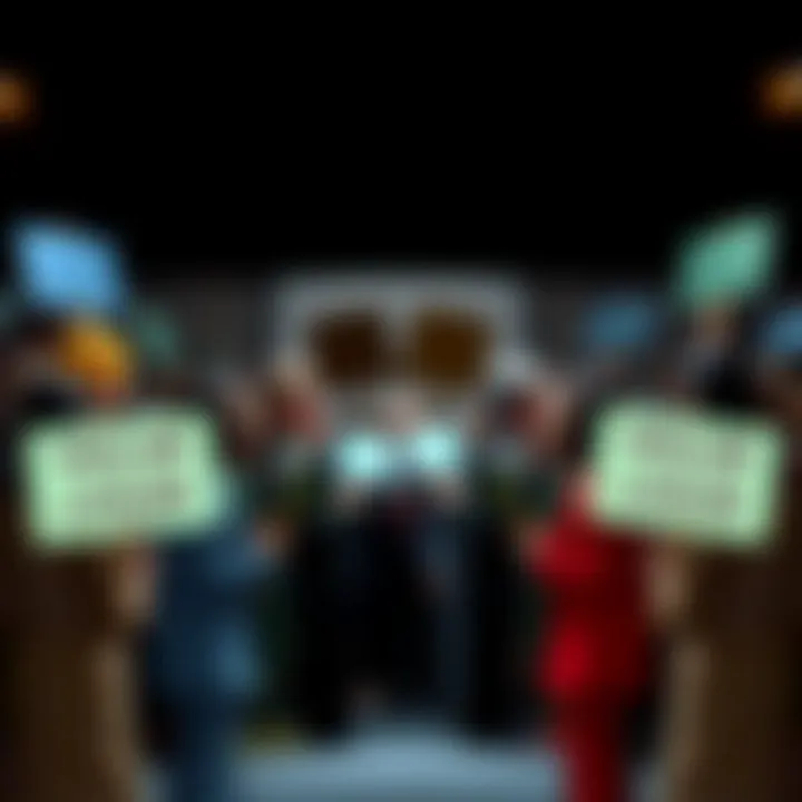 Political Divide Two groups of people holding signs representing different political views, facing each other in a tense debate.