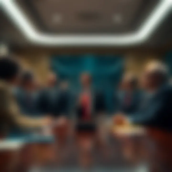 A group of political leaders discussing and considering public opinion in a meeting room