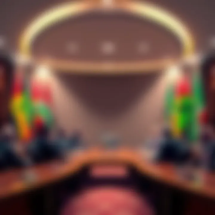 A group of politicians discussing policies in a meeting room, surrounded by flags representing their country.