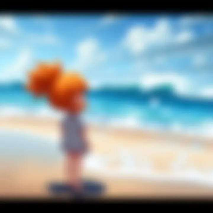 Ponyo, a small fish girl with bright orange hair, is standing on a beach looking at the ocean, with waves gently crashing behind her.