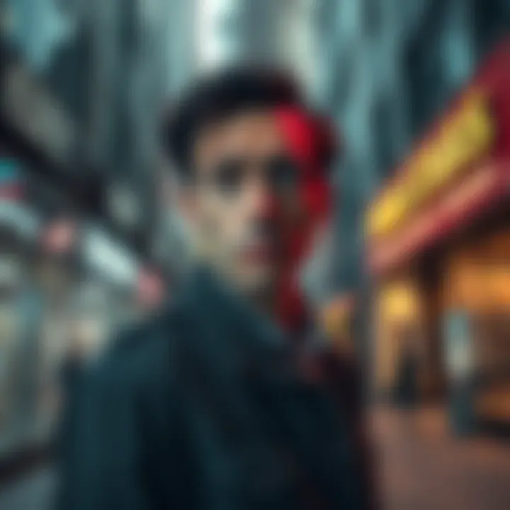 A person named Poor Stark looking worried in a city setting surrounded by empty storefronts and a declining economy
