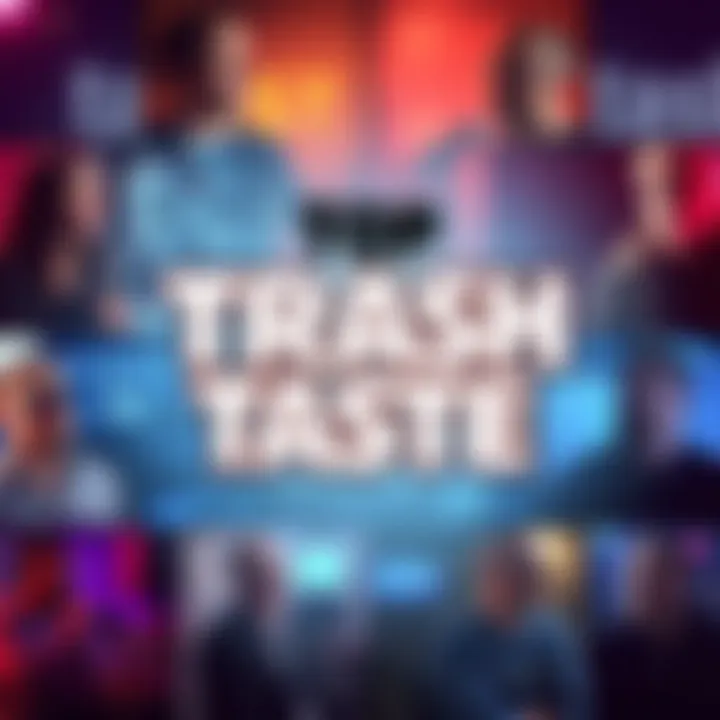 A collage of Trash Taste podcast highlights with hosts and episode themes, showcasing fan-favorite moments and discussions from forums.
