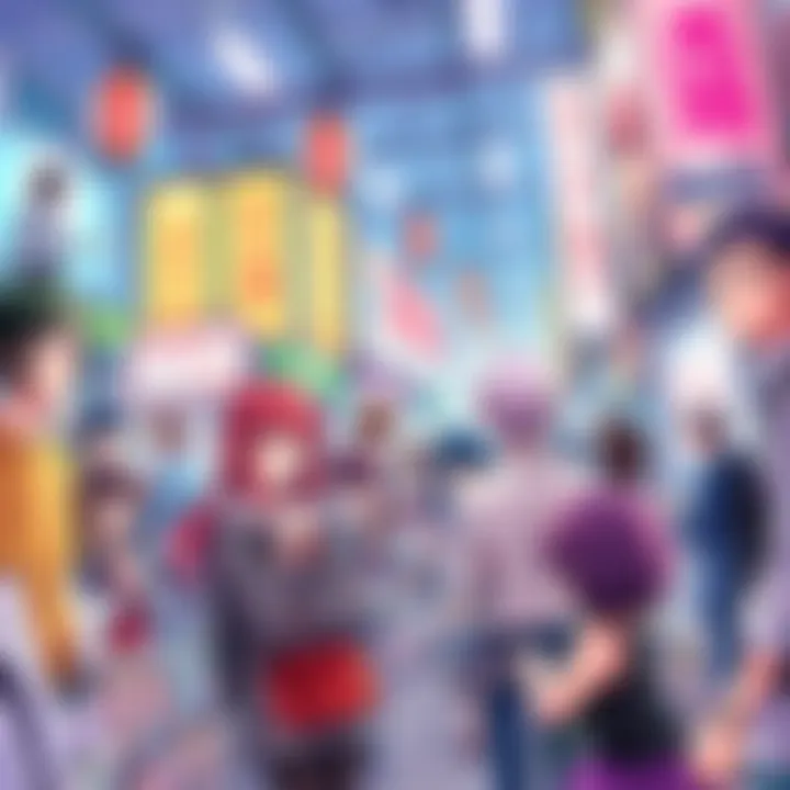 A vibrant scene showing popular manga characters in action, surrounded by fans engaging with manga books and merchandise.