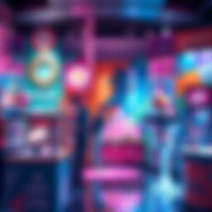 A colorful popup shop showcasing merchandise from Nadia: The Secret of Blue Water, with fans exploring themed items and interactive displays.