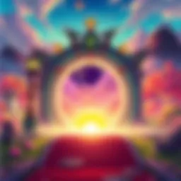 A glowing portal opening to a vibrant fantasy world with colorful landscapes and mystical elements.