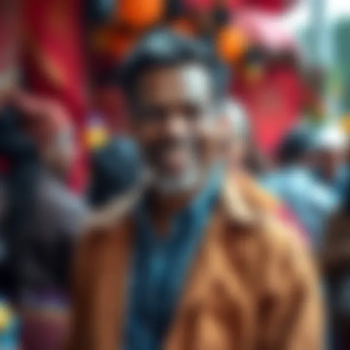 A man smiling warmly, standing confidently in front of a community gathering, showcasing his distinctive style and charm.