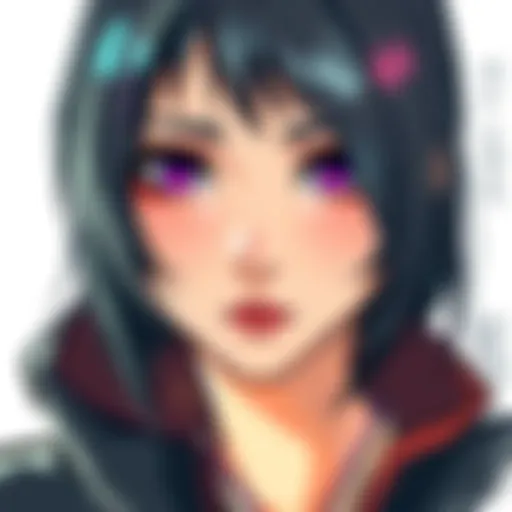 A detailed portrait drawing of Rukia showing her facial features and expressions, with artistic elements showcasing the drawing technique.