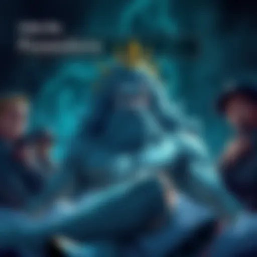 Illustration of Poseidon portrayed as a victim in a dramatic murder mystery setting, surrounded by characters like detectives and suspects.