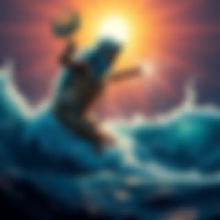 Poseidon and Ahura Mazda Clash A humorous scene showing Poseidon, god of the sea, and Ahura Mazda, god of light, competing in a playful contest, surrounded by waves and light beams.