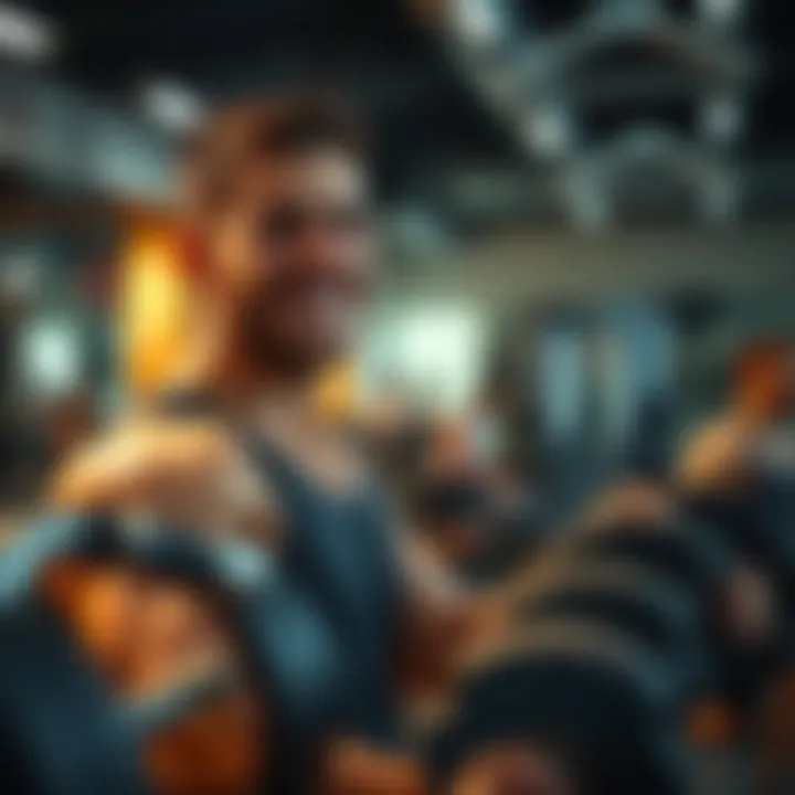 A man in a gym smiling and encouraging others while lifting weights, showcasing positivity and support in fitness culture.