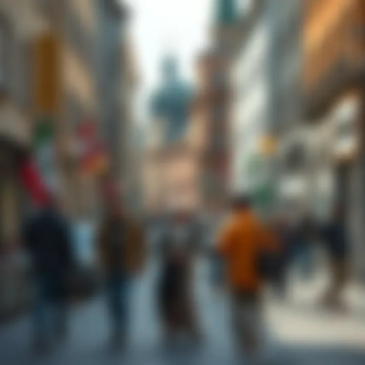 Post-WWII Germany scene with immigrants A street in post-WWII Germany showing Turkish and Lebanese immigrants engaging with locals and each other, showcasing their daily life and interactions.