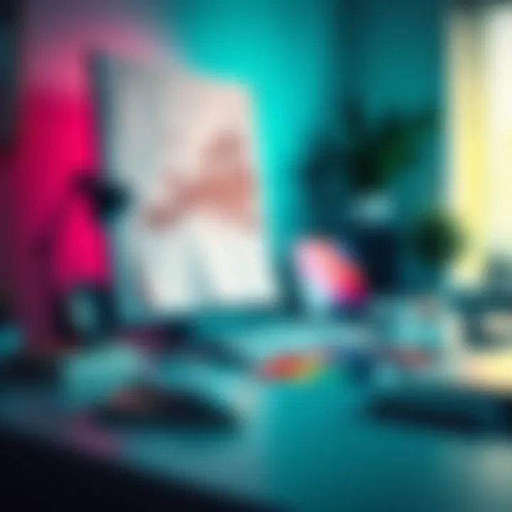 A high-quality poster design being reviewed on a desk with a computer and color samples.