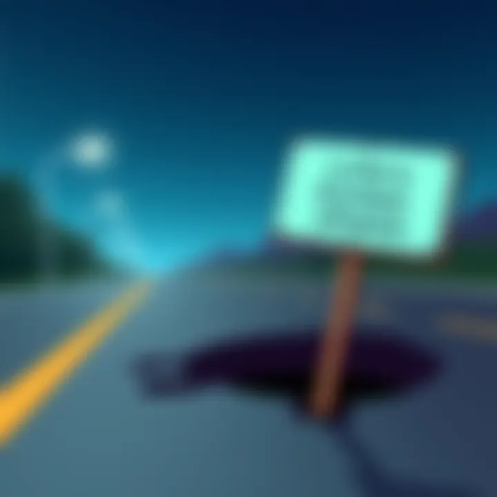 Pothole on a road A cartoon image of a pothole with a sign that says 'Life's bumps ahead' next to it, symbolizing resilience and perspective in life