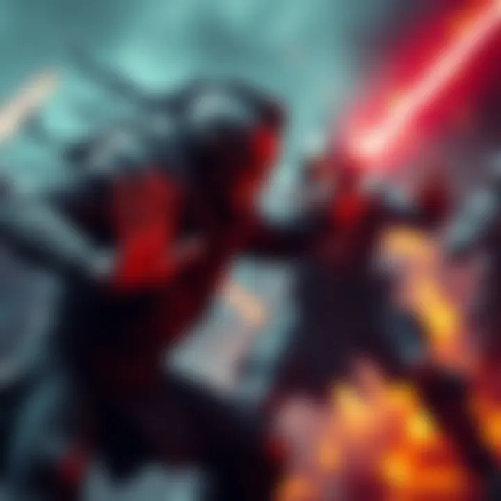 Power and Vulnerability in Combat A scene showing a powerful character in battle, highlighting their vulnerability despite their strength, with a contrasting character preparing a calculated attack.