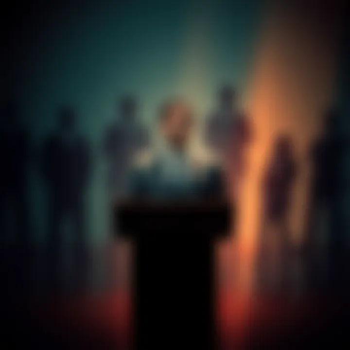 A person in a suit stands confidently at a podium, with shadows of darker figures in the background, representing power dynamics and psychopathy.