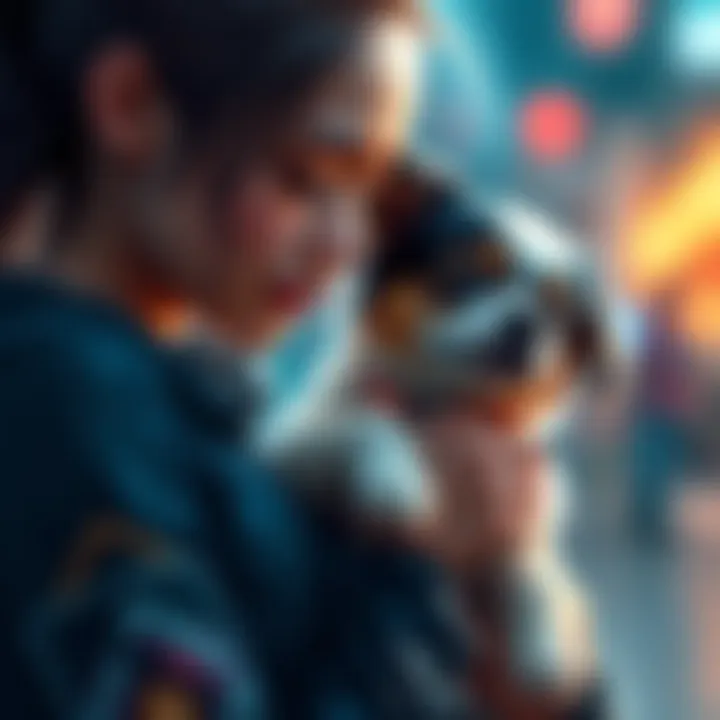 Power with a dog Power gently holding a small dog, showing her affection and connection to Denji in a heartfelt moment.