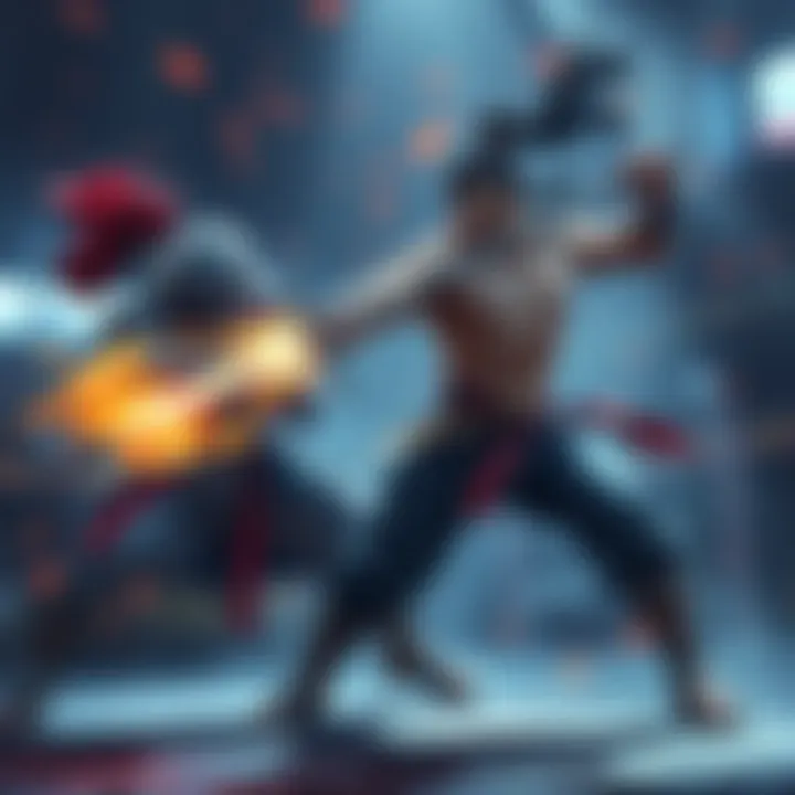 A fighter employing a dynamic Justu technique in a pit battle, showcasing strength and strategy against an opponent.