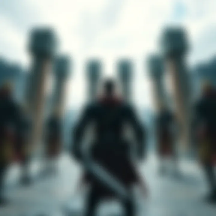 A strong character stands confidently in front of eight imposing pillars and their protectors, ready for a battle without relying on special abilities.