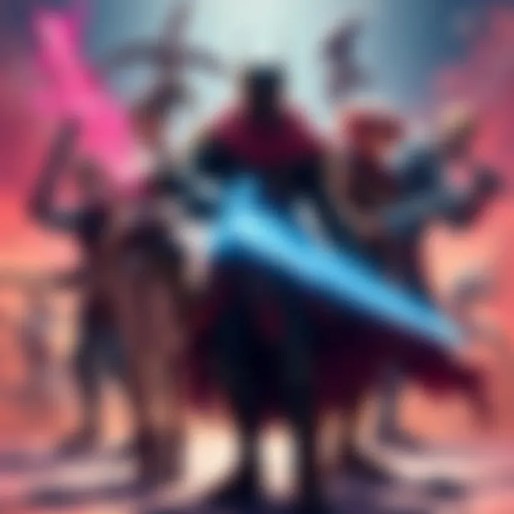 A group of strong characters showcasing their unique abilities and weapons, standing confidently. They appear ready for battle, highlighting their strength compared to Mihawk.