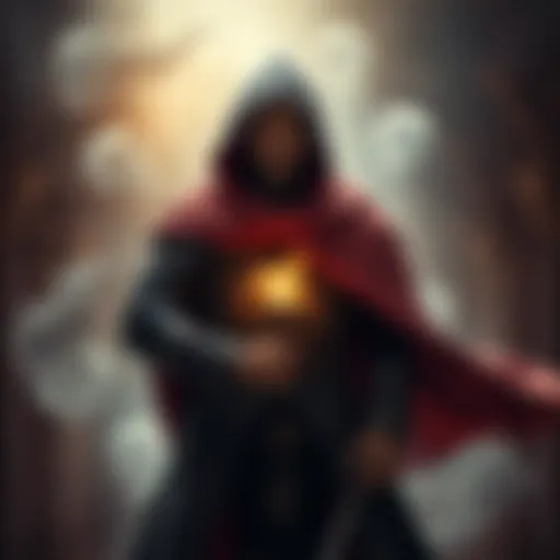 A determined court magician with a flowing cloak stands confidently, ready to reclaim his power and face rivals.