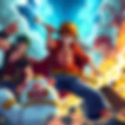 Illustration of key One Piece characters like Luffy, Zoro, and Mihawk showcasing their powers and strengths in an epic battle scene.