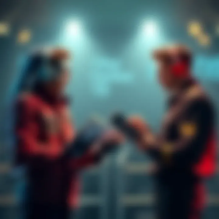 Two friends facing off with tierlist charts in hand, discussing powerscaling rankings and opinions