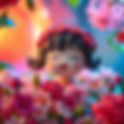 A cute collectible figure of Garden Party Maomao surrounded by flowers and greenery