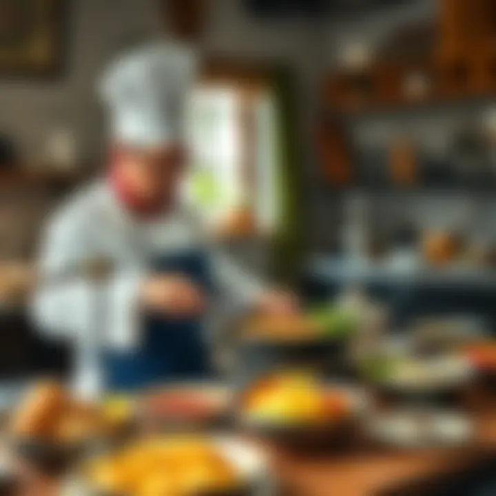 A chef cooking traditional German schnitzel with sides in a cozy kitchen setting