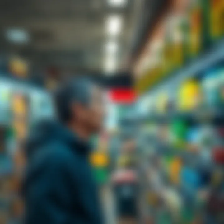 A worried person looking at rising prices on a grocery store shelf