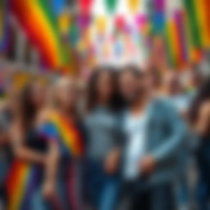 A vibrant Pride Month celebration featuring diverse lesbian and gay couples holding hands and smiling together, surrounded by colorful flags and decorations.