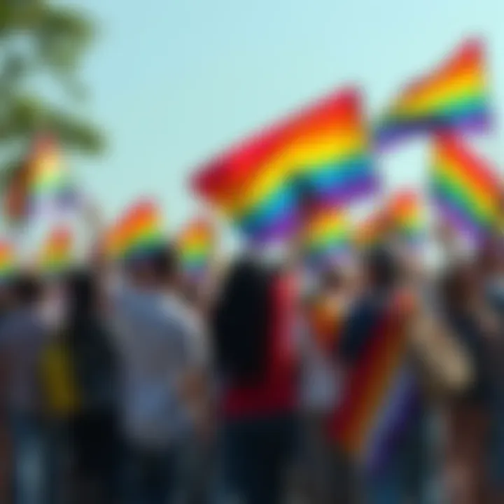 A diverse group of people holding rainbow flags and celebrating Pride Month together, showing love and unity for the Bi-Con community.