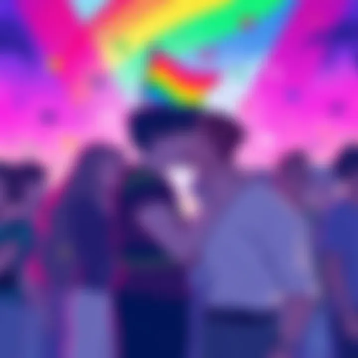 A colorful illustration featuring popular LGBTQ+ pairings like EraserMic and DabiHawks with rainbow backgrounds celebrating Pride Month.