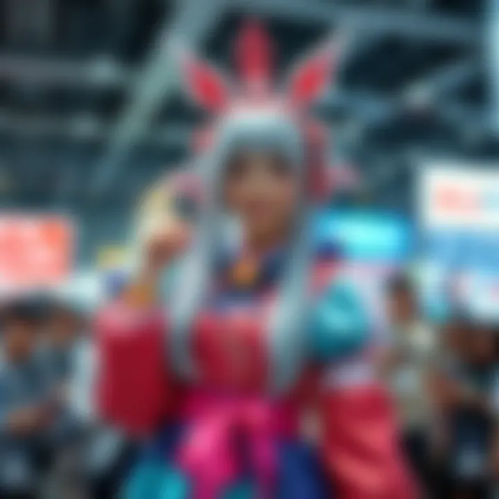 A person dressed as Princess Kaguya in a colorful outfit, showcasing a humorous expression and NEET-themed accessories, surrounded by fans at a convention.