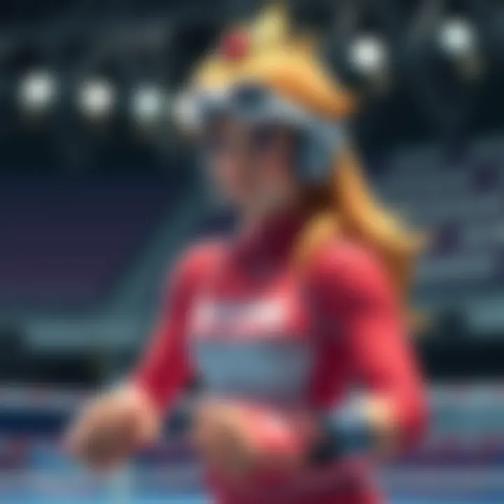 Princess Peach wearing sports gear, ready to compete in swimming, boxing, and skateboarding events, showcasing her athletic abilities