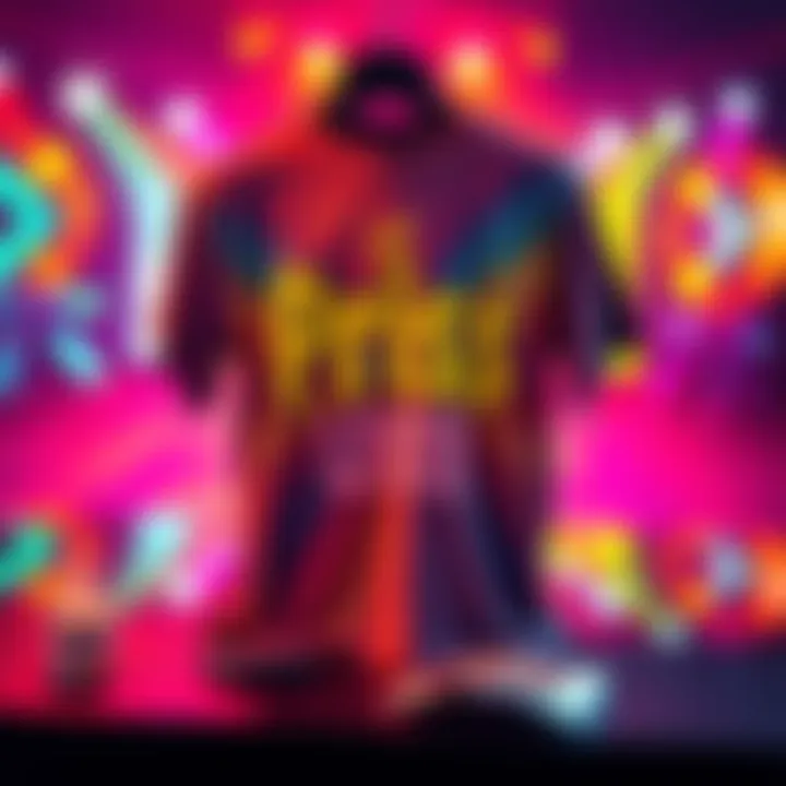 A unique Priss Live Tour T-shirt featuring vibrant designs inspired by the concert, placed on a table with a colorful backdrop