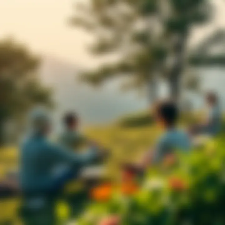 People enjoying a peaceful moment in nature A group of people relaxing in a serene natural setting, embodying a philosophy of peace and liberation from problems.